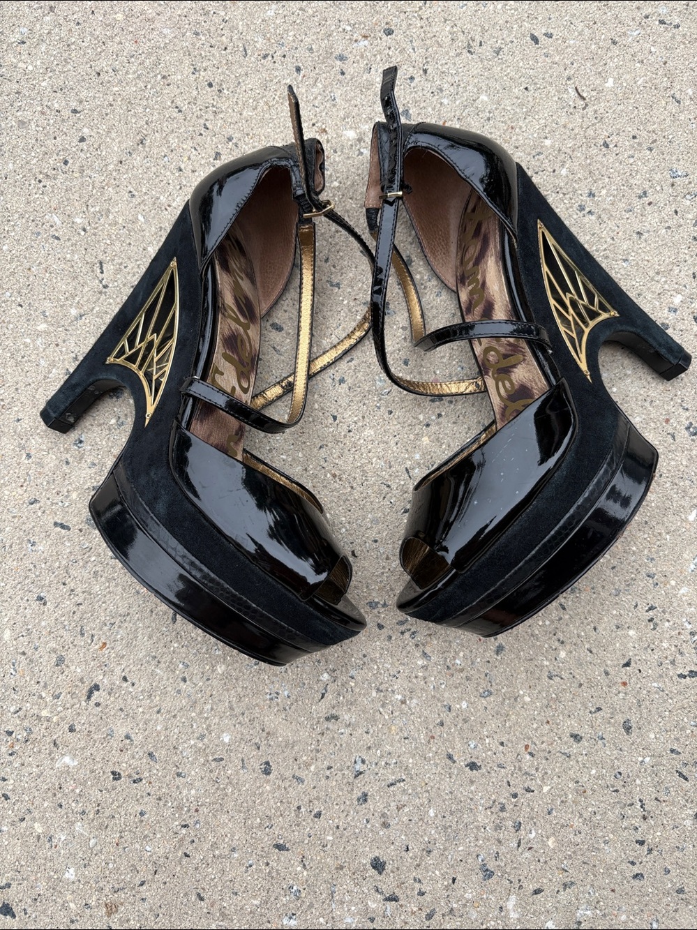 Sam Edelman Black Patent Crisscross Peep-Toe Platform Heels 7.5 spider heel